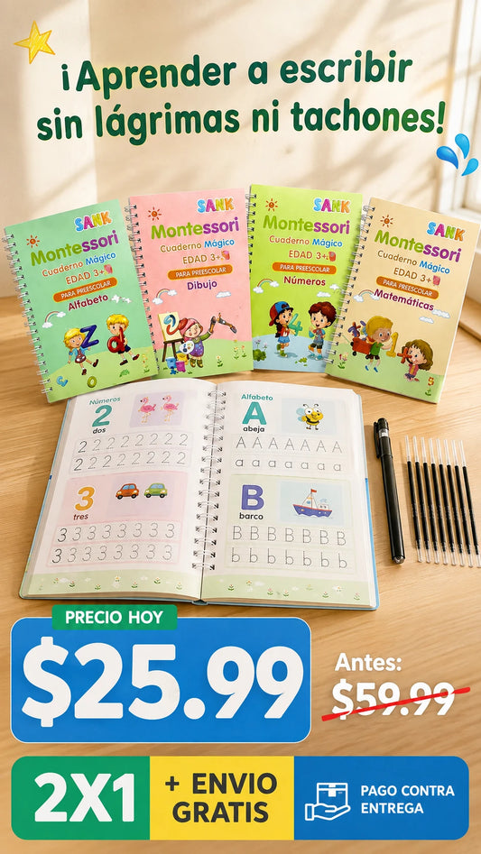 SANK Montessori Cuaderno Mágico de Caligrafía Infantil - Set de 4 Temas